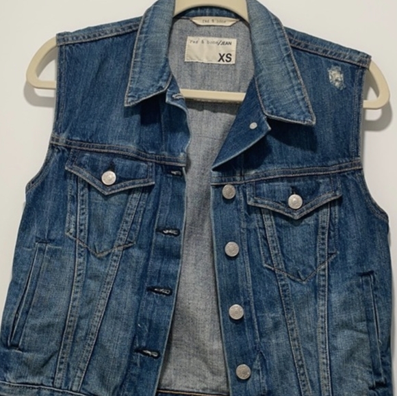 Rag & Bone Jean Distressed Dark Blue Women's Denim Button Vest Jacket Top Sz XS - Picture 4 of 10